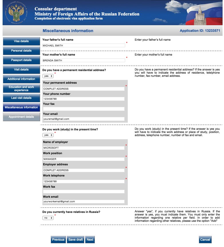 Visa application form Russia - USA Citizens 12